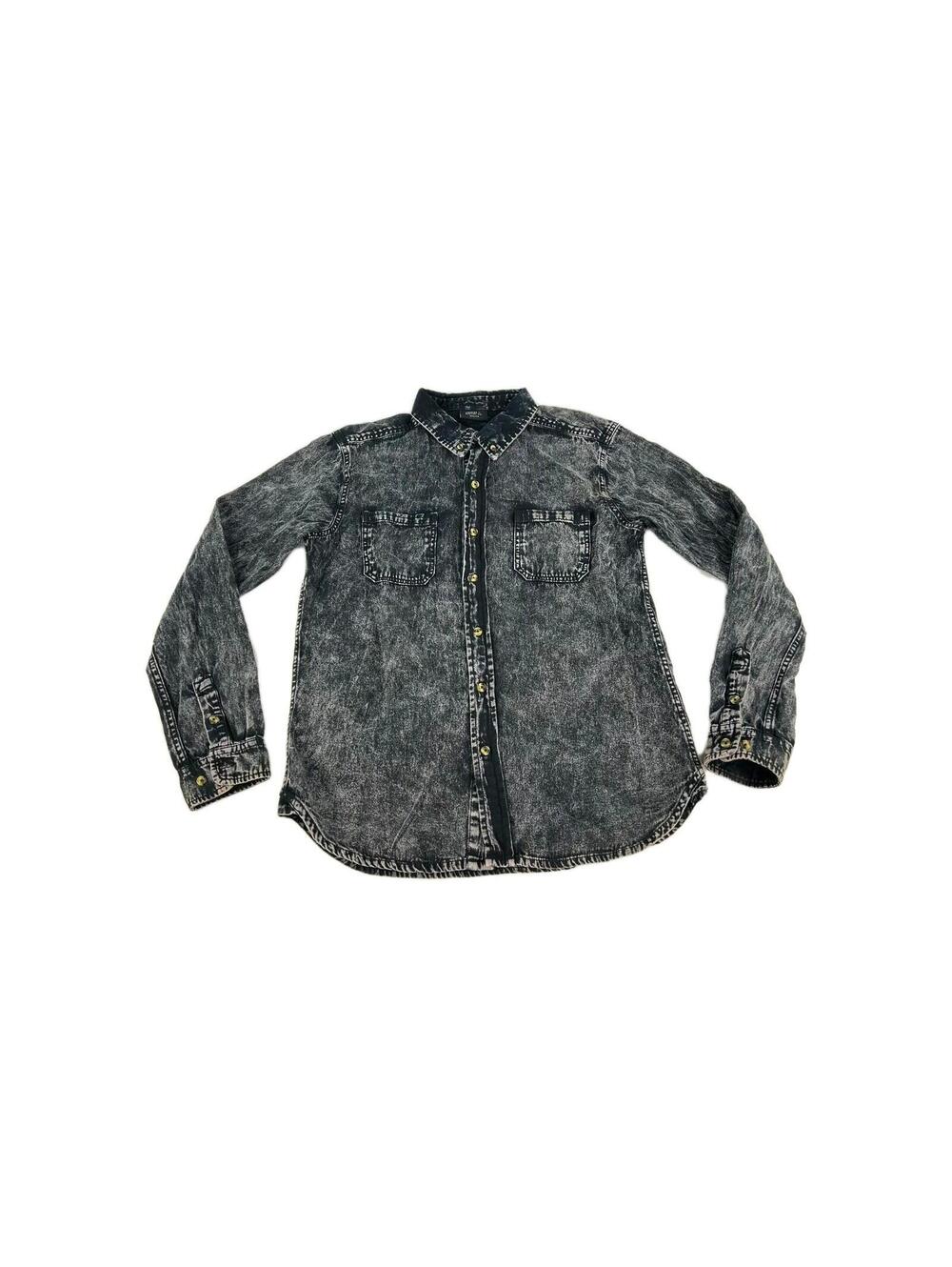 JIBERISH Distressed Denim Shirt Mens Size M Black Button Down Long Sleeve Shirt